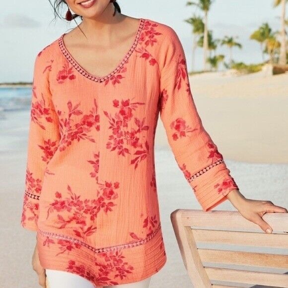 Soft Surroundings Tops - Soft Surroundings Floral Tunic  M Coral Peach Boho Crinkle Cotton Gauze 3/4 slv